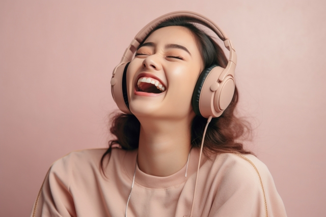 音楽を聴く・歌う笑顔の女性