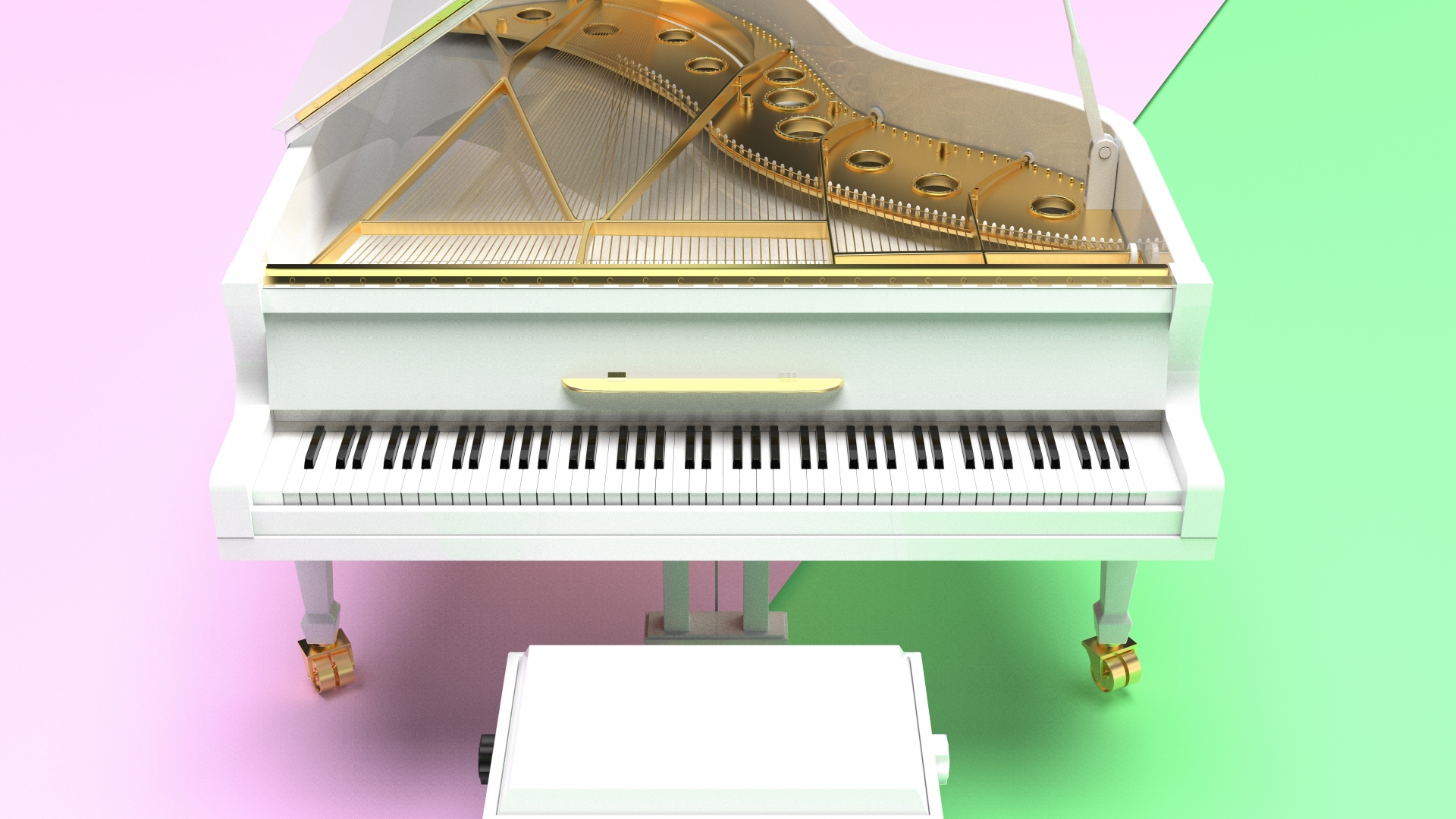 ホワイトグランドピアノ　緑・ピンク背景