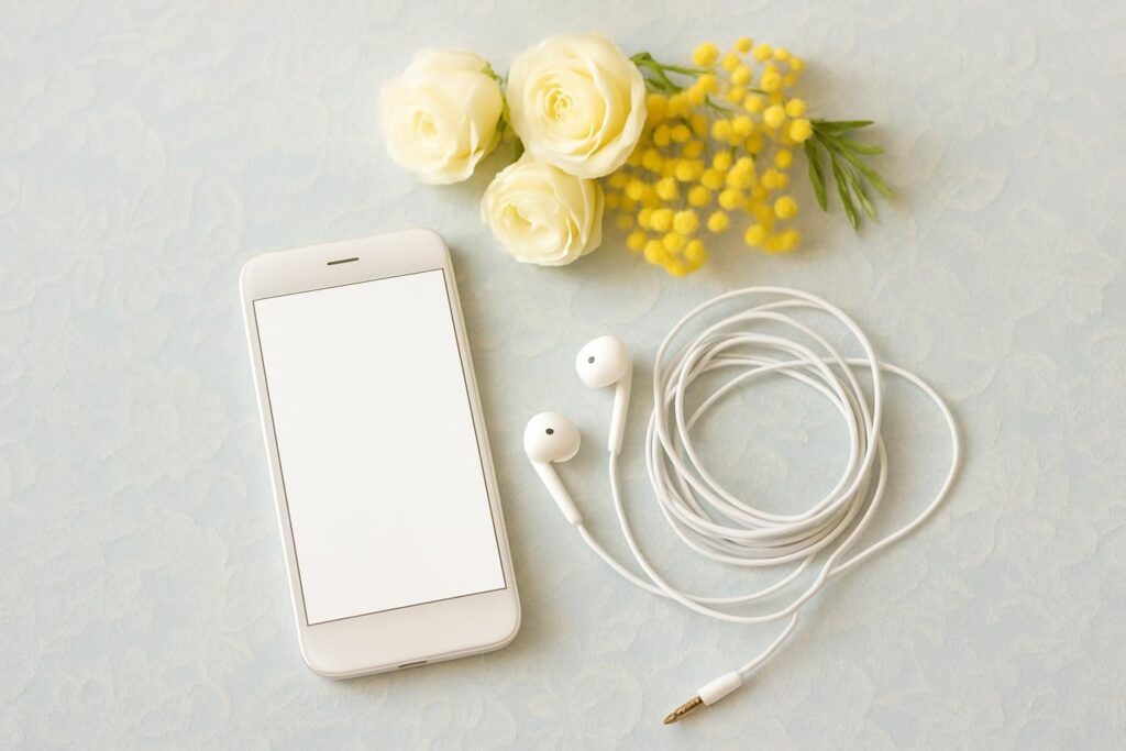 テーブルに置かれたスマホとイヤホン