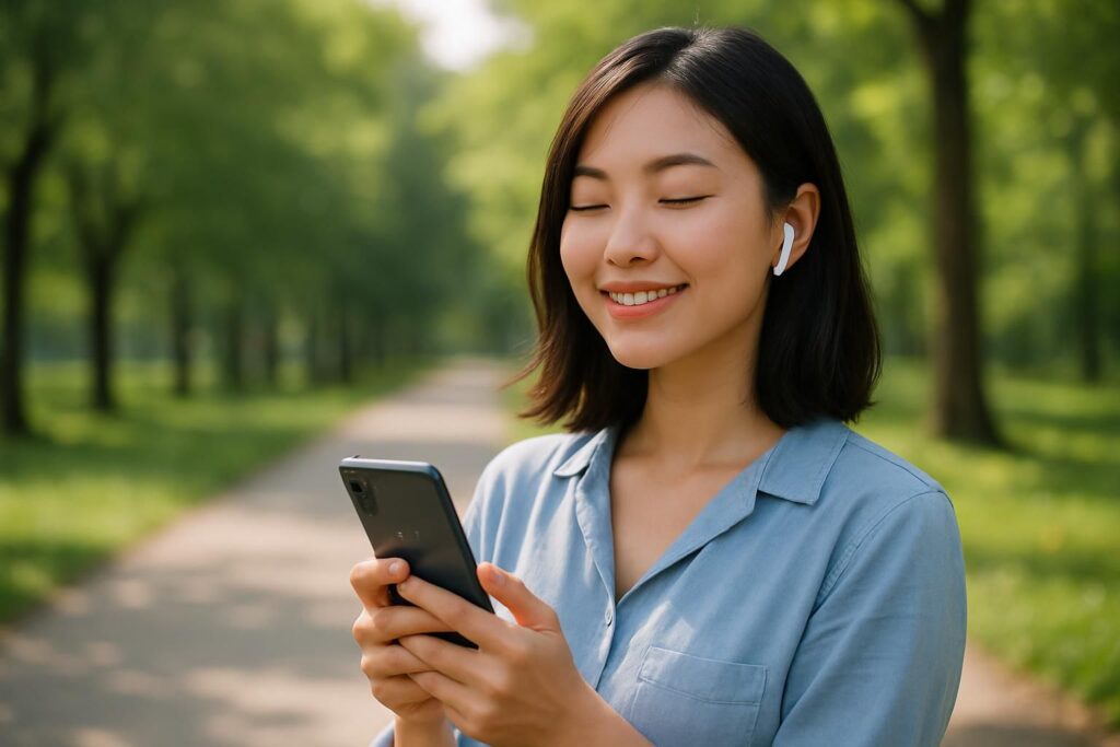 公園でイヤホンをして音楽を聴く女性